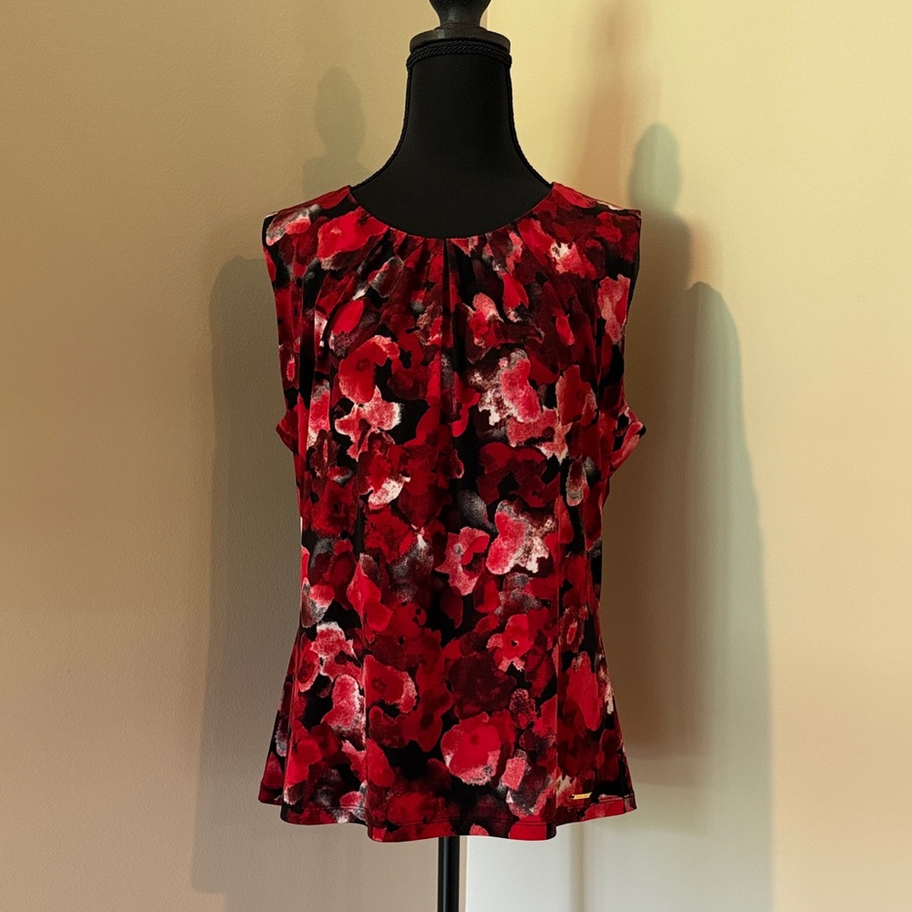 Calvin Klein Red Floral Sleeveless Blouse with Black Accents